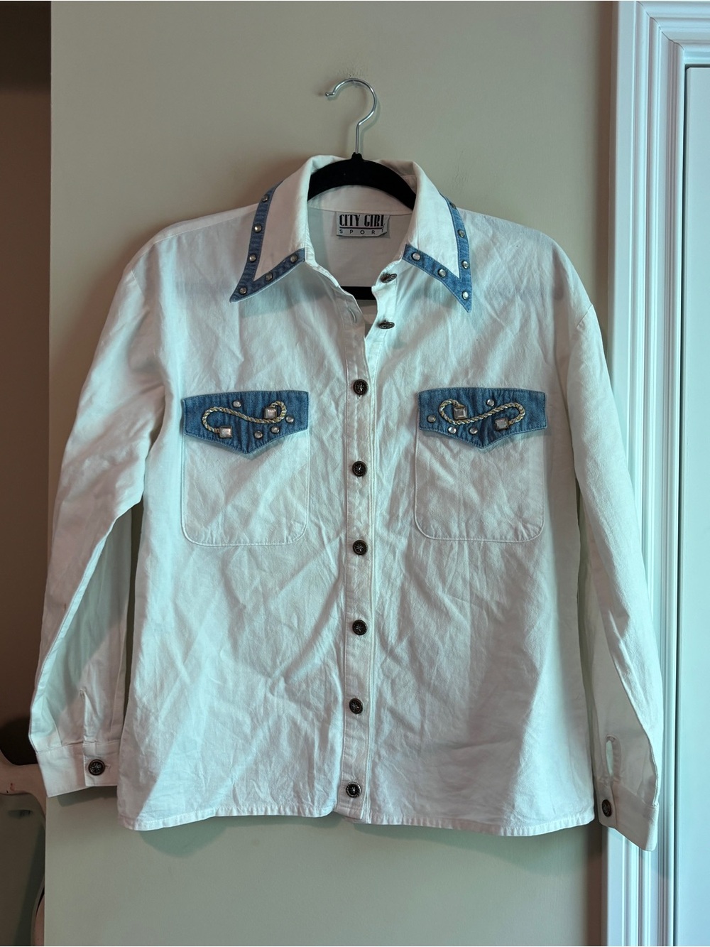 City Girl Sport White Button-Up Shirt with Denim & Jewel Accents